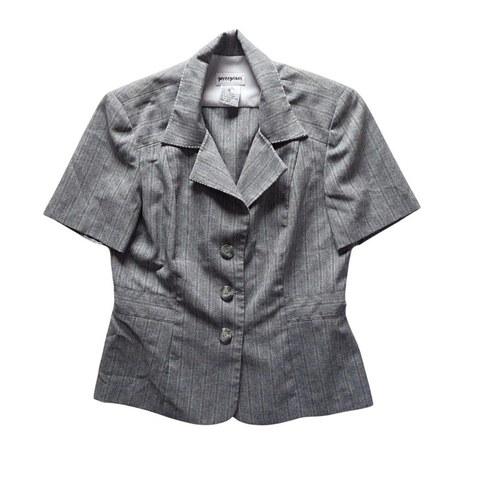 Perceptions Grey Pinstripe Short Sleeve Blazer Top Womens 10 Office Professional